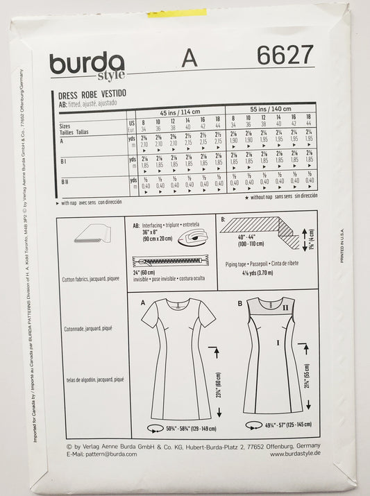 BURDA STYLE, Sewing Pattern 6627, Comfortable Fitted Dress with Princess Seams, Size 8-18