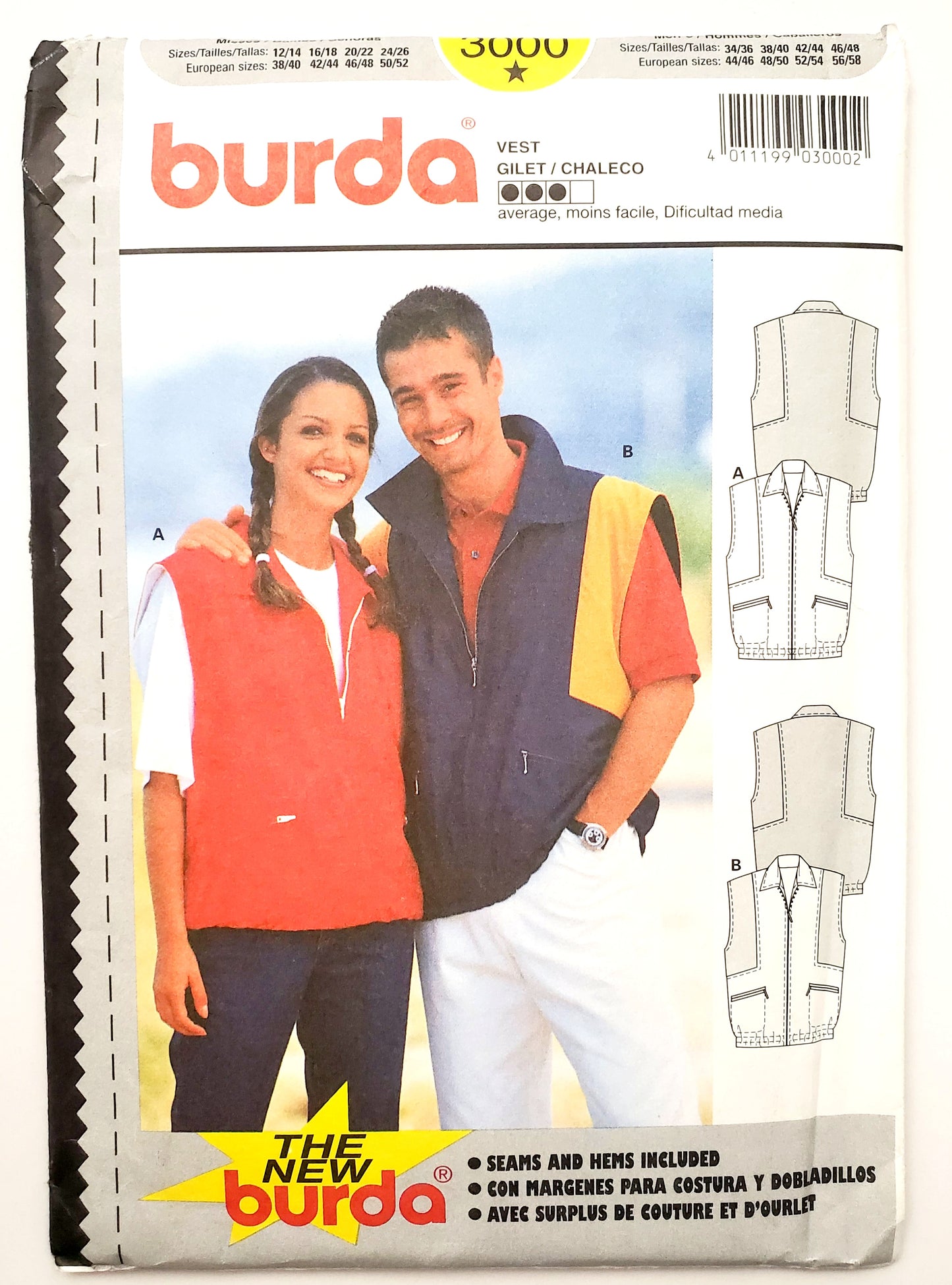 BURDA, Sewing Pattern 3000, Vests, Jackets, Unisex, Men's Size 34-48, Women's, Size 12-26