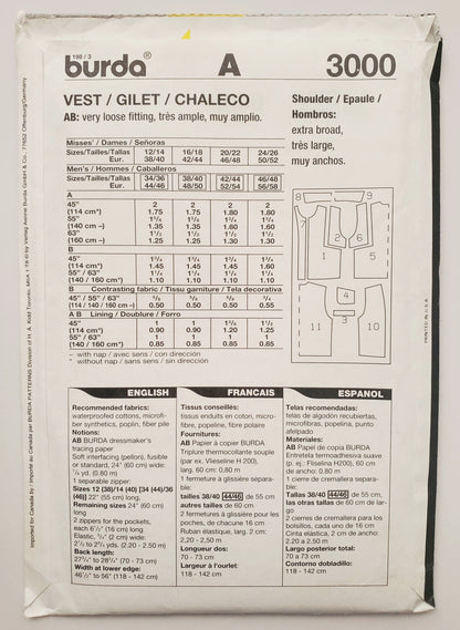 BURDA, Sewing Pattern 3000, Vests, Jackets, Unisex, Men's Size 34-48, Women's, Size 12-26