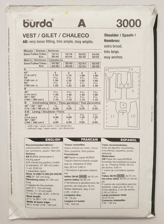 BURDA, Sewing Pattern 3000, Vests, Jackets, Unisex, Men's Size 34-48, Women's, Size 12-26