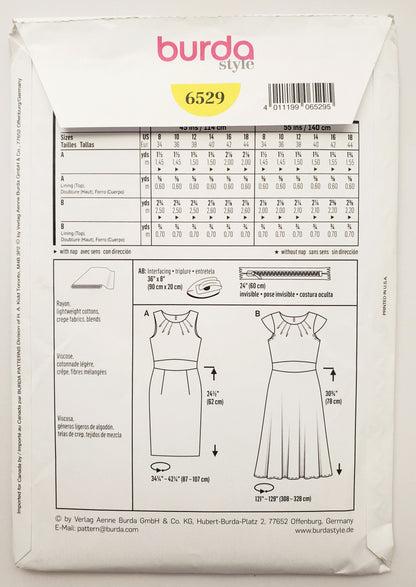 BURDA STYLE, Sewing Pattern 6529, Dress Variations, Cap Sleeves, Sleeveless, Size 8-18