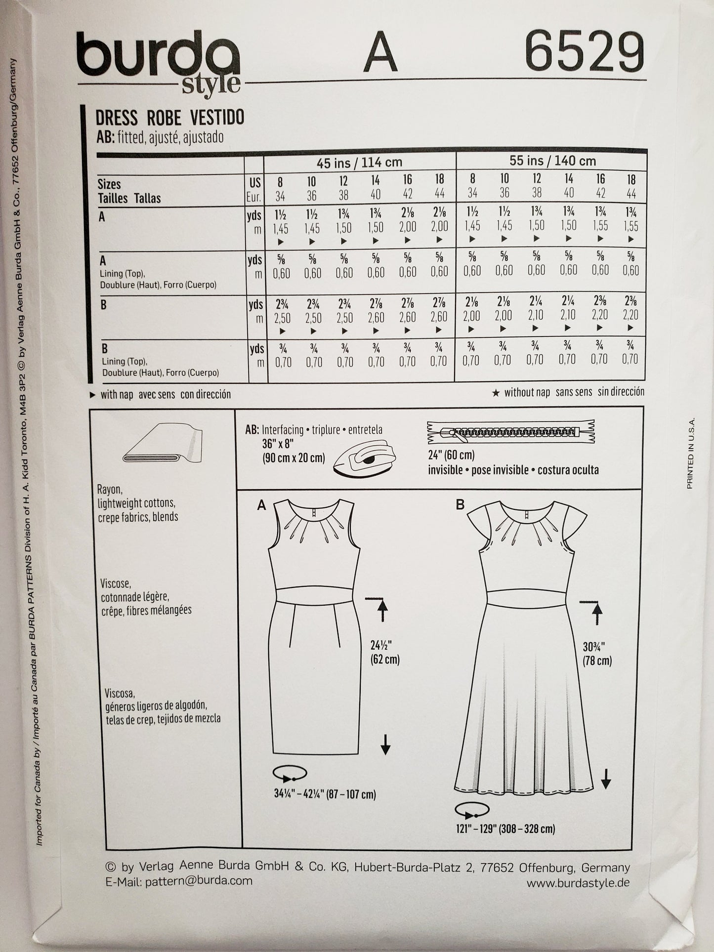 BURDA STYLE, Sewing Pattern 6529, Dress Variations, Cap Sleeves, Sleeveless, Size 8-18