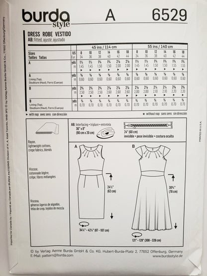 BURDA STYLE, Sewing Pattern 6529, Dress Variations, Cap Sleeves, Sleeveless, Size 8-18