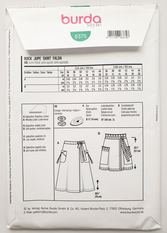 BURDA STYLE, Sewing Pattern 6375 Soft Leather Skirts, Size 10-20