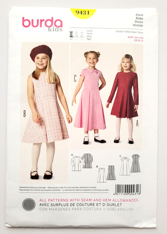 BURDA KIDS, Sewing Pattern 9431, Dress with Sleeve Variations, Kids, Girls, Size 6-11