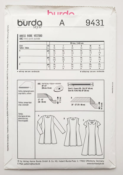 BURDA KIDS, Sewing Pattern 9431, Dress with Sleeve Variations, Kids, Girls, Size 6-11