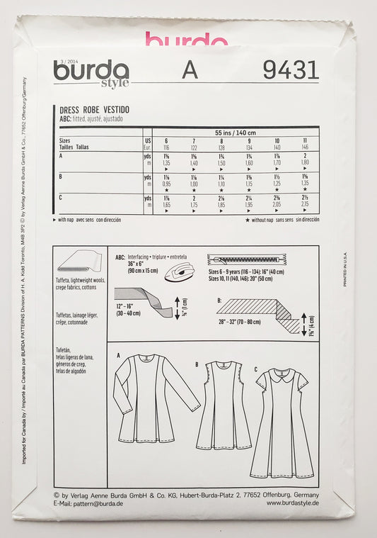 BURDA KIDS, Sewing Pattern 9431, Dress with Sleeve Variations, Kids, Girls, Size 6-11