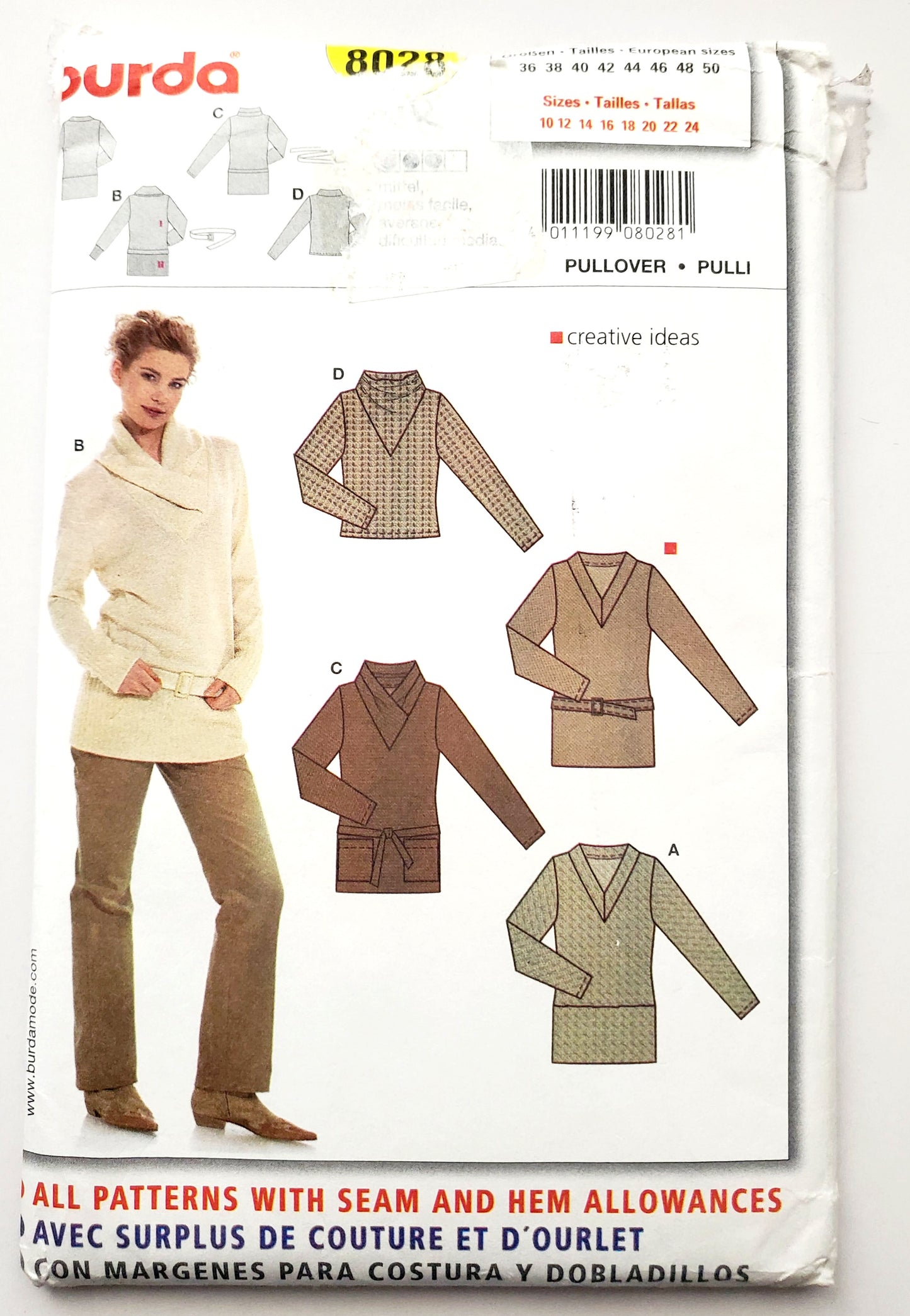 BURDA, Sewing Pattern 8028, Semi-Fitted Tops, Draped Neckline, Size 10-24