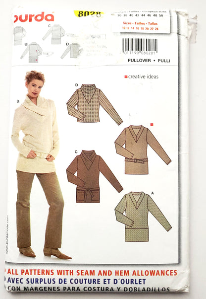 BURDA, Sewing Pattern 8028, Semi-Fitted Tops, Draped Neckline, Size 10-24