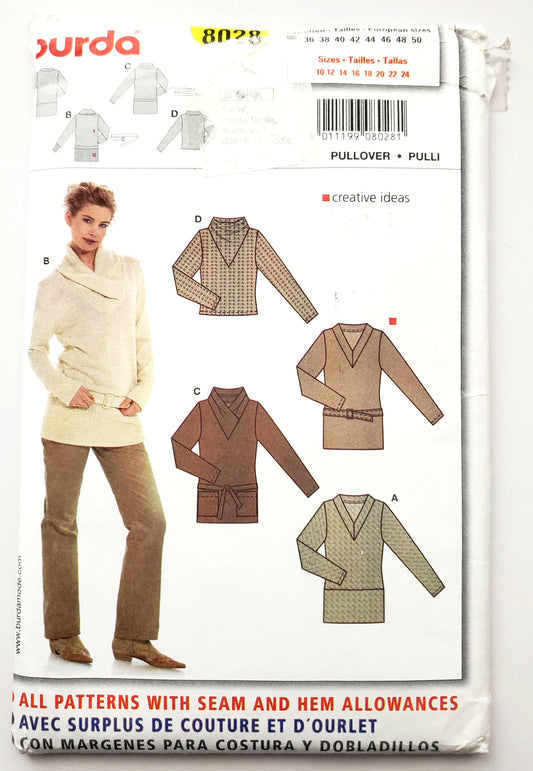 BURDA, Sewing Pattern 8028, Semi-Fitted Tops, Draped Neckline, Size 10-24