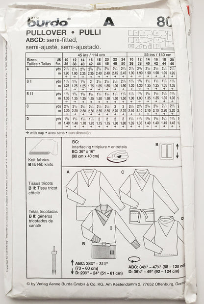BURDA, Sewing Pattern 8028, Semi-Fitted Tops, Draped Neckline, Size 10-24