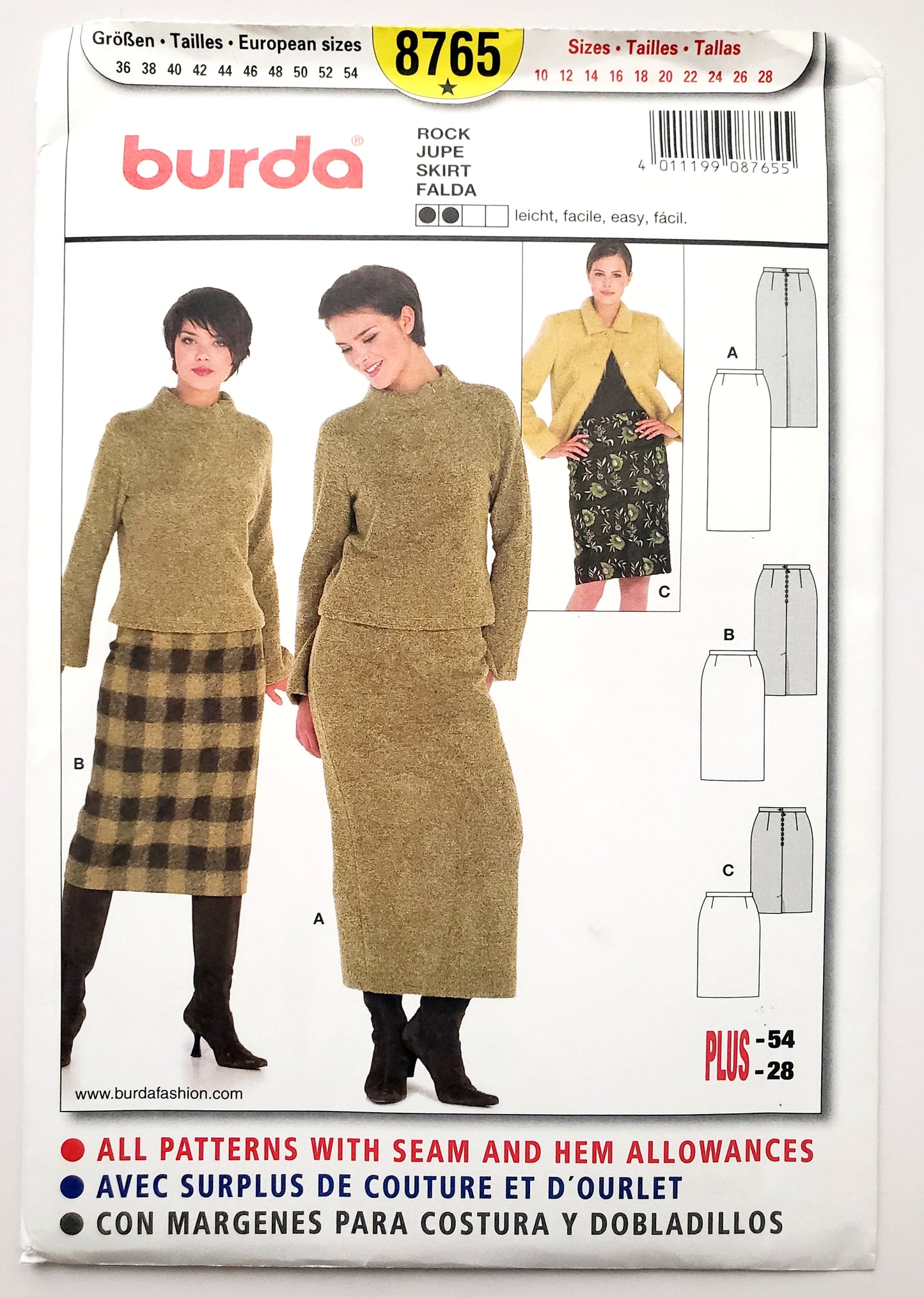 BURDA, Sewing Pattern 8765, Straight Skirt, Size 10-28