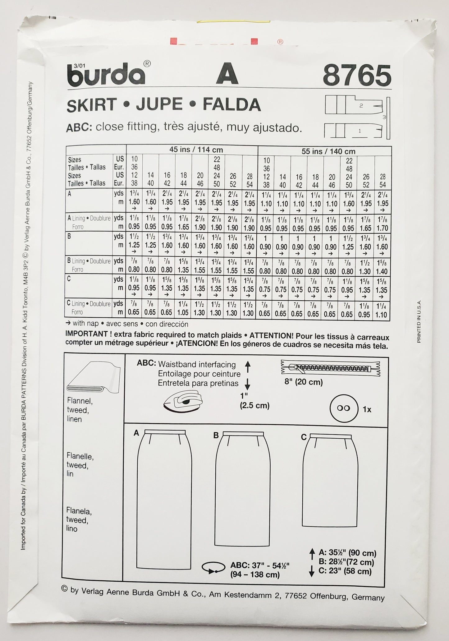 BURDA, Sewing Pattern 8765, Straight Skirt, Size 10-28