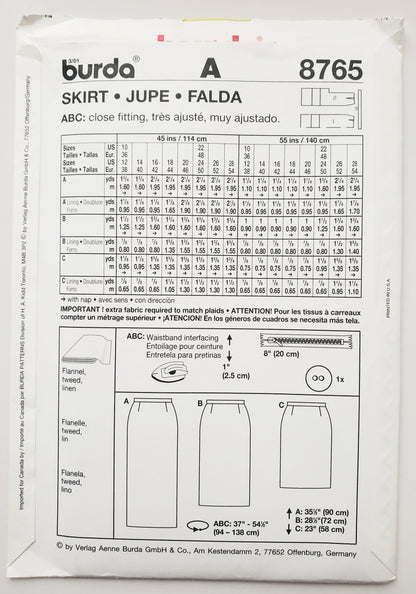 BURDA, Sewing Pattern 8765, Straight Skirt, Size 10-28