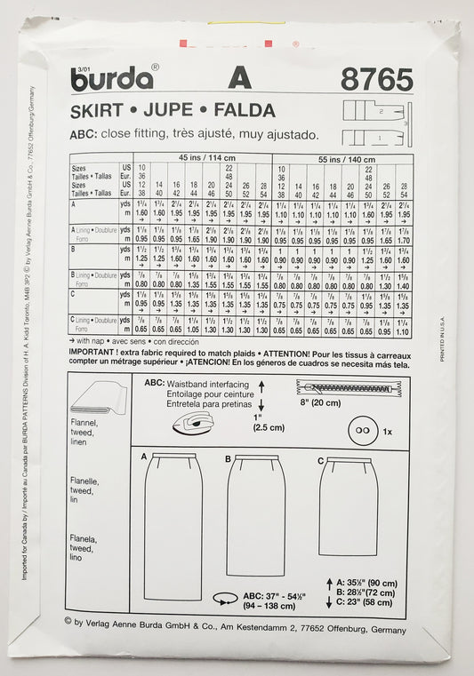 BURDA, Sewing Pattern 8765, Straight Skirt, Size 10-28