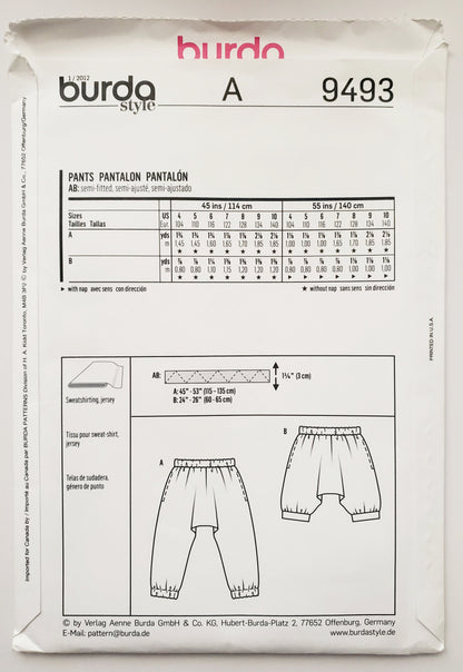 BURDA KIDS, Sewing Pattern 9493, Comfortable Pants, Girls, Kids, Size 4-10 (Copy)