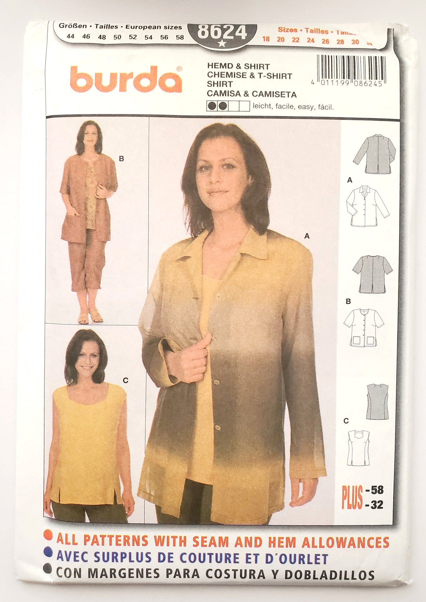 BURDA, Sewing Pattern 8624, Shirt, T-shirt, Top, Size 18-32