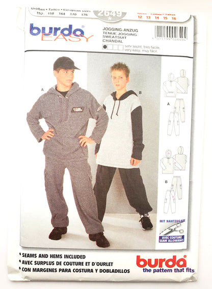 BURDA EASY, Sewing Pattern 2649, Jogging Outfit, Jumpers with Hood, Pants with Cargo Style Pockets, Boys, Kids, Teens, Size 12-16