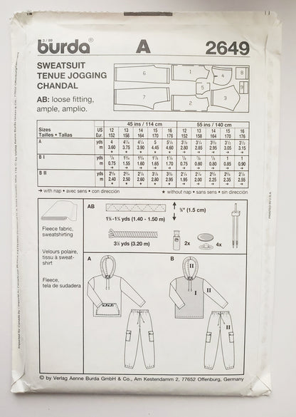 BURDA EASY, Sewing Pattern 2649, Jogging Outfit, Jumpers with Hood, Pants with Cargo Style Pockets, Boys, Kids, Teens, Size 12-16