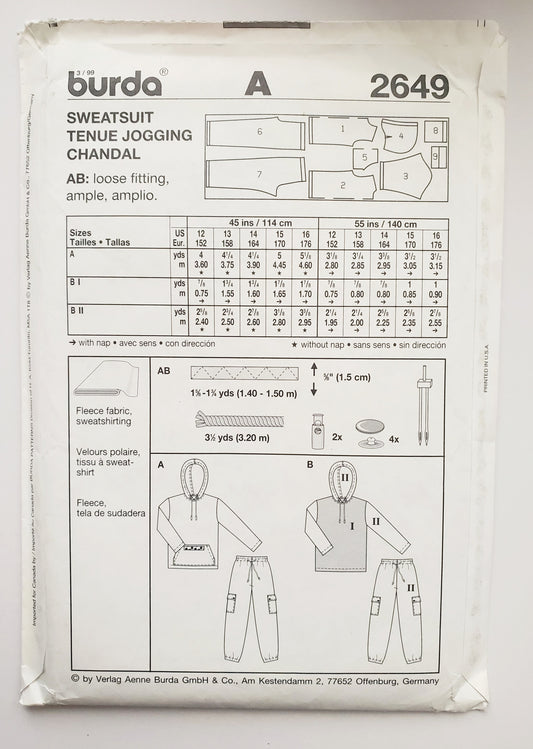 BURDA EASY, Sewing Pattern 2649, Jogging Outfit, Jumpers with Hood, Pants with Cargo Style Pockets, Boys, Kids, Teens, Size 12-16