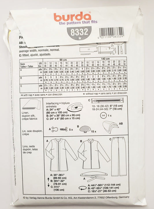 BURDA, Sewing Pattern 8332, Pants, Jacket or Tunic, Size 10-24