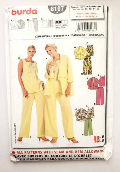BURDA, Sewing Pattern 8107, Jacket, Losse Fitting Jacket, Pants, Size 18-30