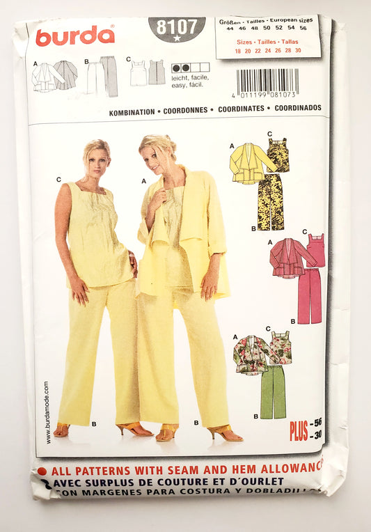 BURDA, Sewing Pattern 8107, Jacket, Losse Fitting Jacket, Pants, Size 18-30