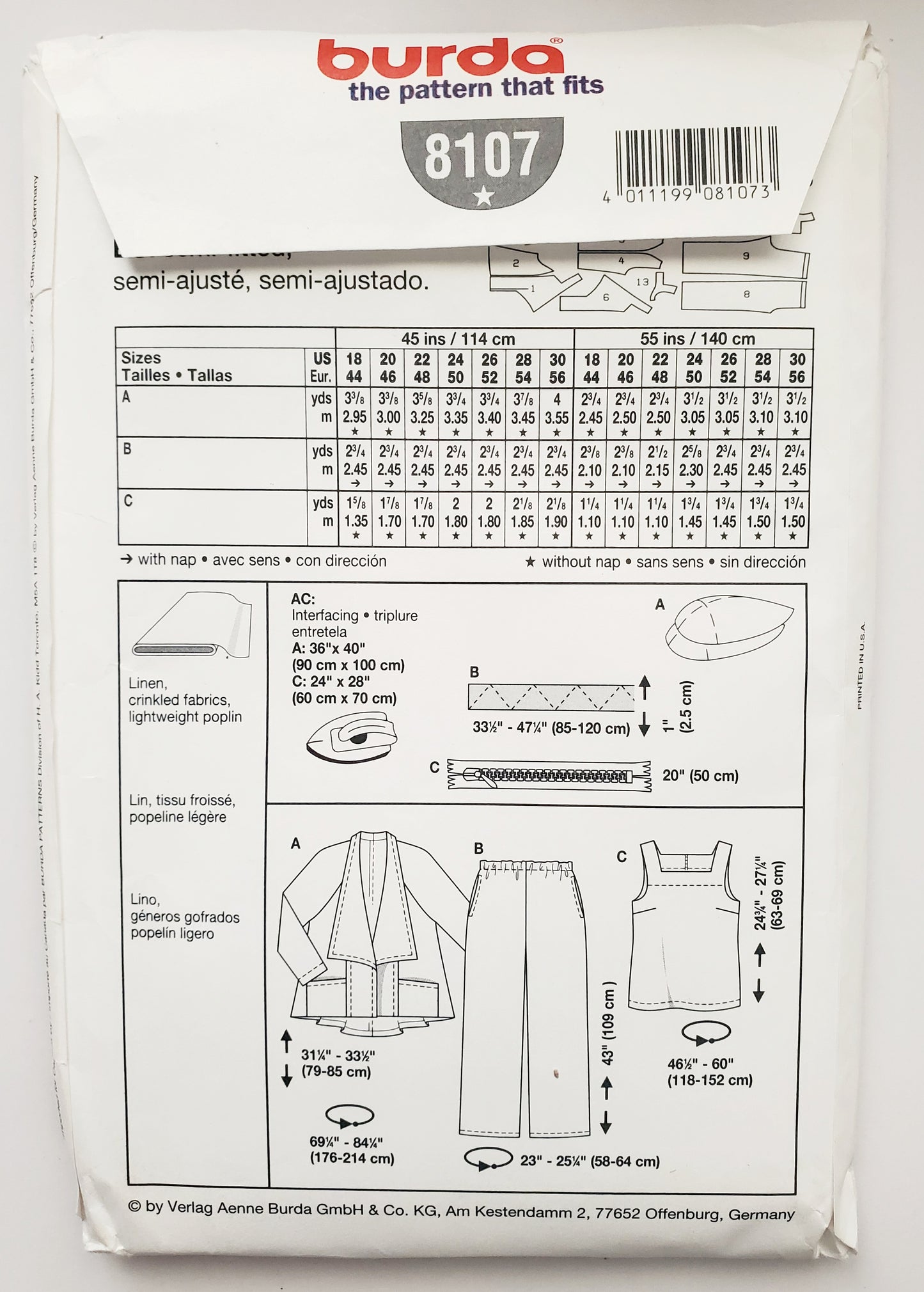 BURDA, Sewing Pattern 8107, Jacket, Losse Fitting Jacket, Pants, Size 18-30