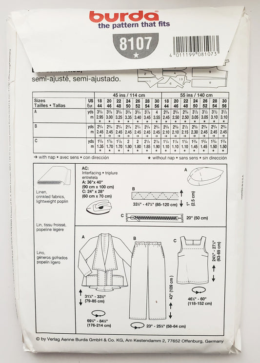 BURDA, Sewing Pattern 8107, Jacket, Losse Fitting Jacket, Pants, Size 18-30