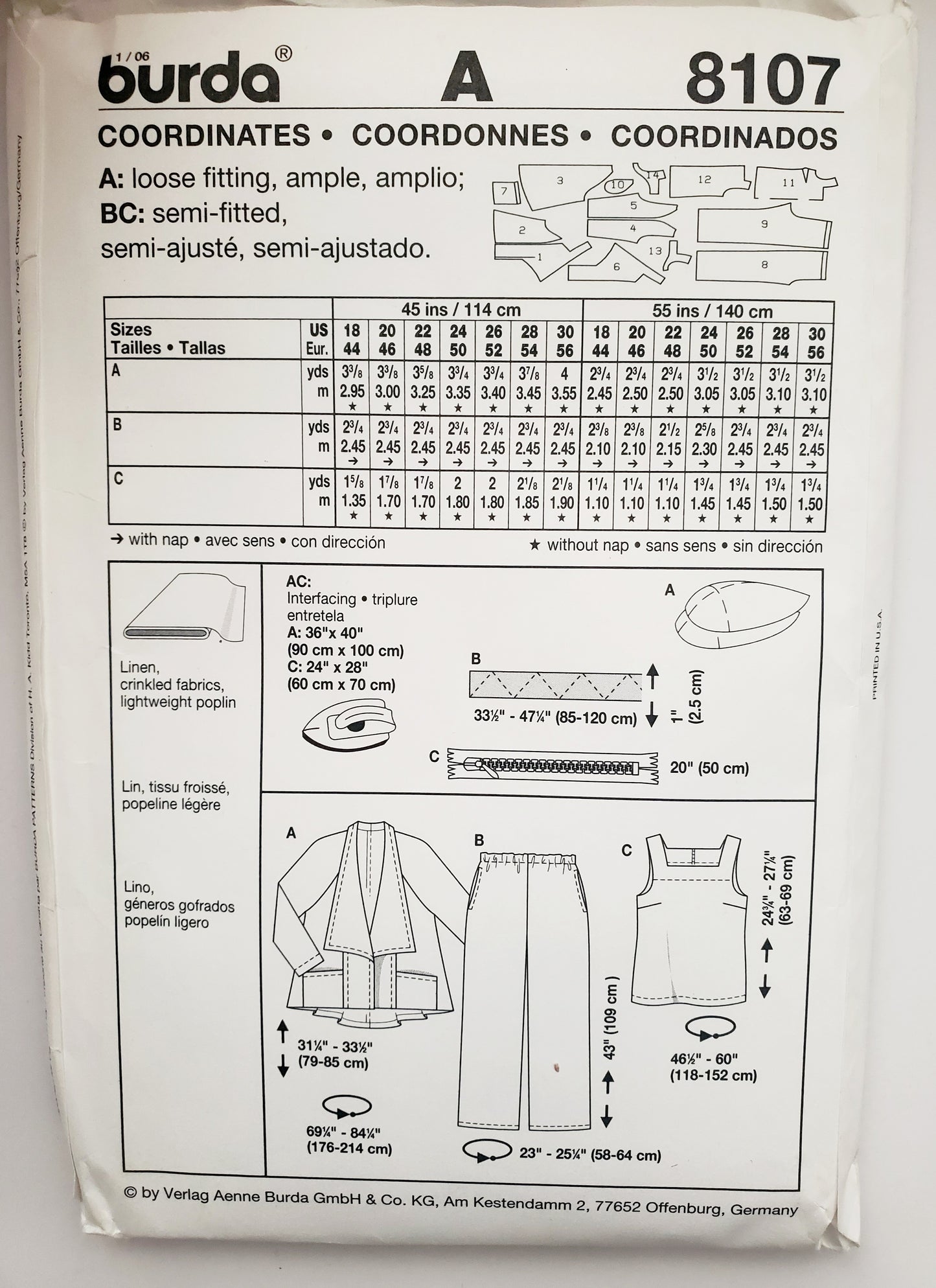BURDA, Sewing Pattern 8107, Jacket, Losse Fitting Jacket, Pants, Size 18-30