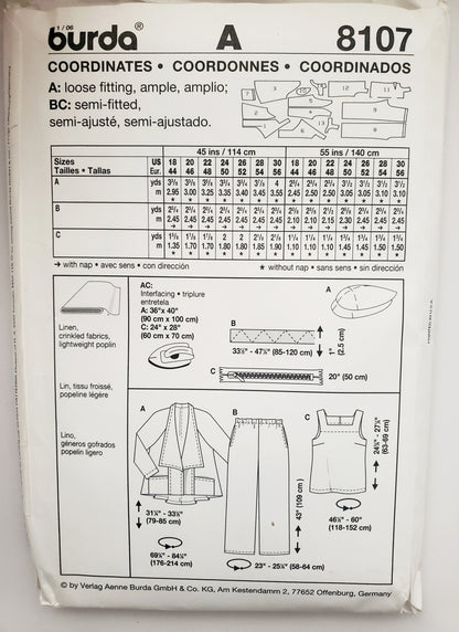 BURDA, Sewing Pattern 8107, Jacket, Losse Fitting Jacket, Pants, Size 18-30
