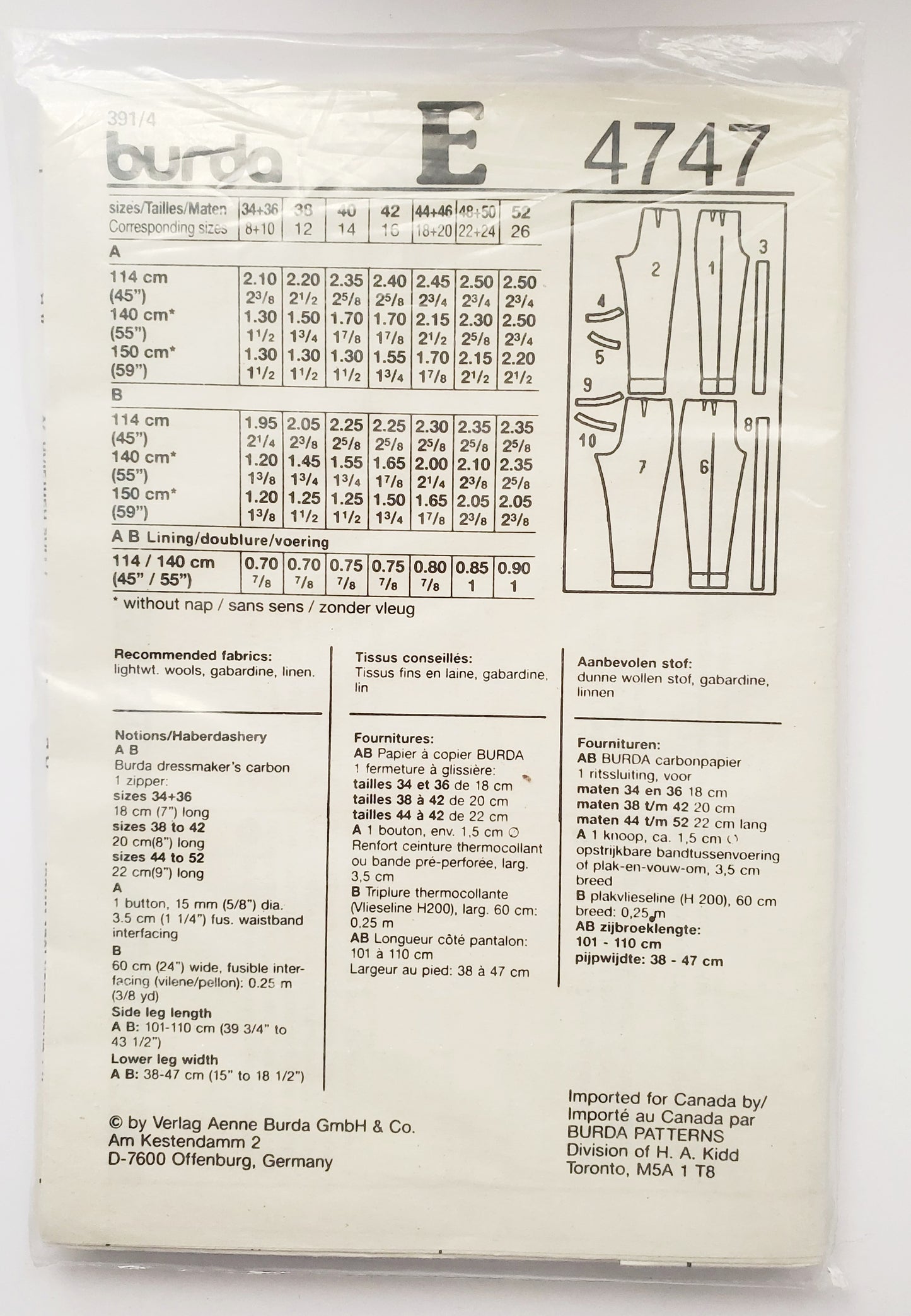 BURDA STUDIO, Sewing Pattern 4747, Pants, Straight Pants, Size 8-26