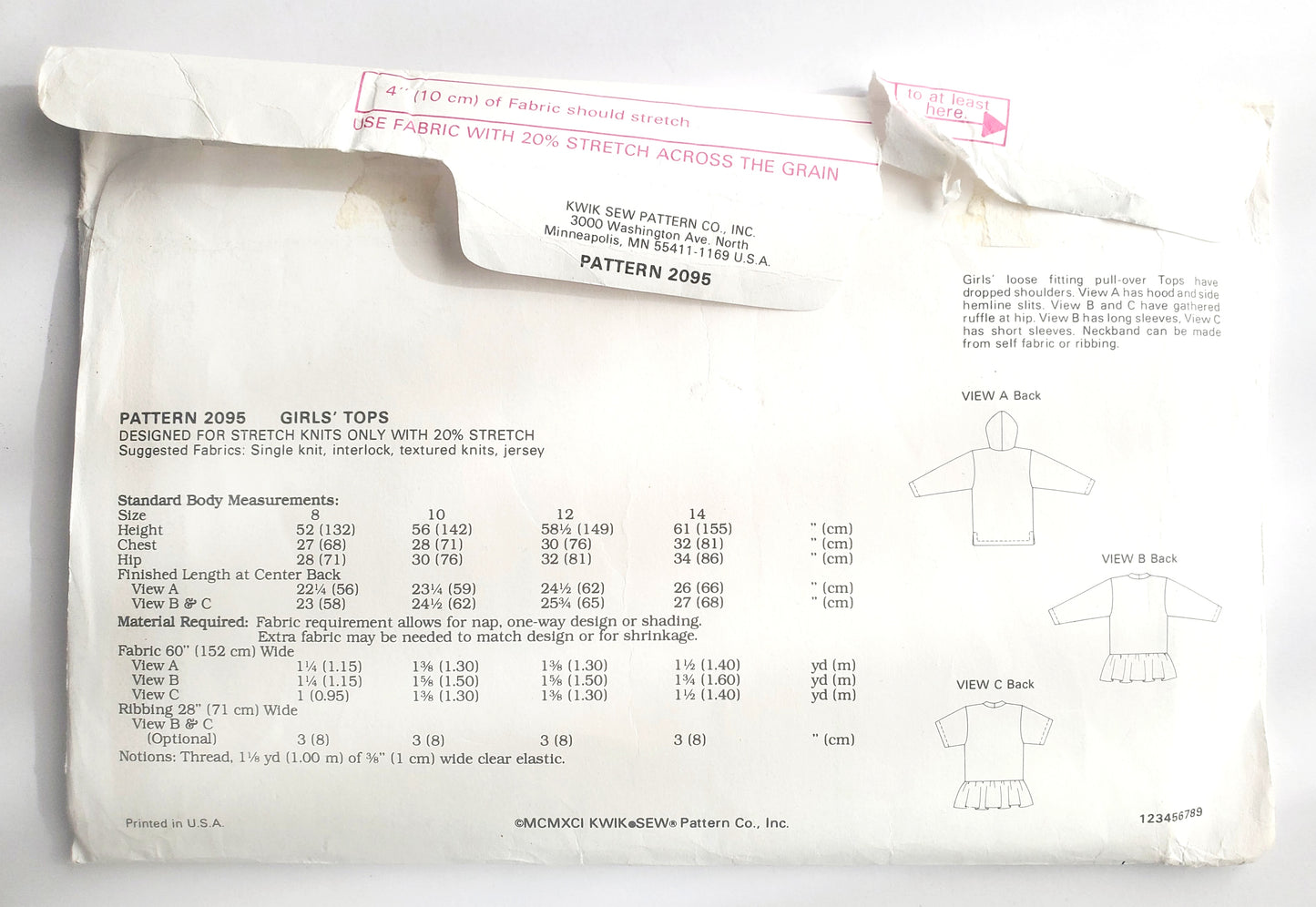 KWIK SEW Sewing Pattern 2095, Girls, Teen, Tops, Pull-Over, Loose-Fitting, Size 8-14