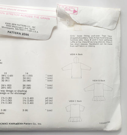 KWIK SEW Sewing Pattern 2095, Girls, Teen, Tops, Pull-Over, Loose-Fitting, Size 8-14