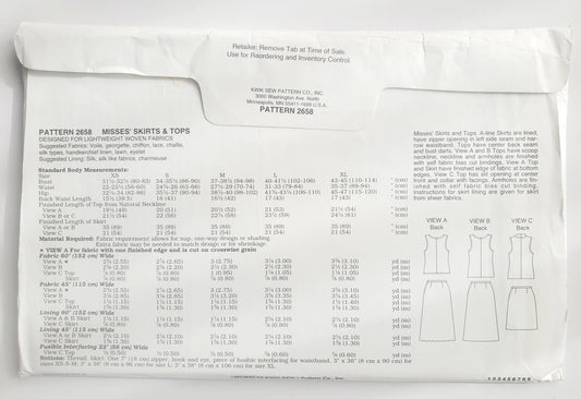 KWIK SEW 90'S Sewing Pattern 2658 Womans Skirts & Tops Sizes XS-XL