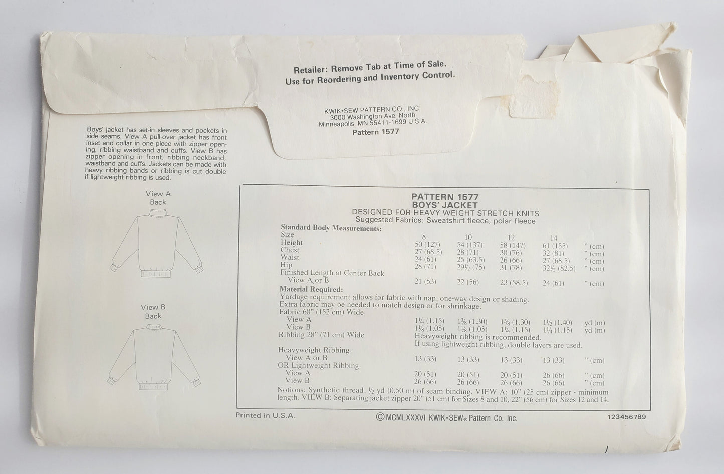 KWIK SEW Sewing Pattern 1577, Boys Zipped or Pullover Jacket, Size 8-14