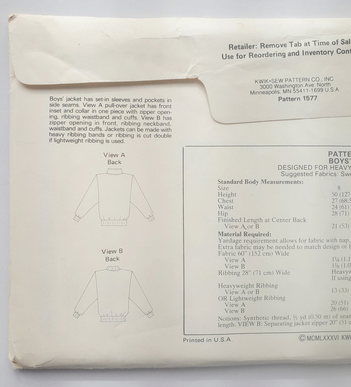KWIK SEW Sewing Pattern 1577, Boys Zipped or Pullover Jacket, Size 8-14