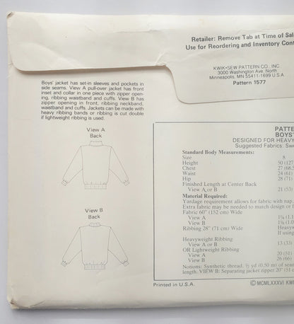 KWIK SEW Sewing Pattern 1577, Boys Zipped or Pullover Jacket, Size 8-14