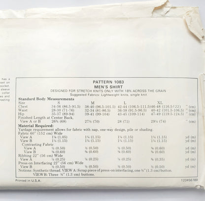 KWIK SEW Sewing Pattern 1083, Mens, Shirts, Crew Neckline, Front Pocket, Size S-XL