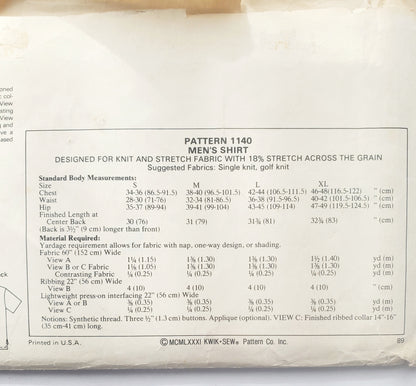 KWIK SEW Sewing Pattern 1140, Polo Shirt, Shirt, Buttoned Slit, Longer Back, Side Hemline Slits, Size S-XL