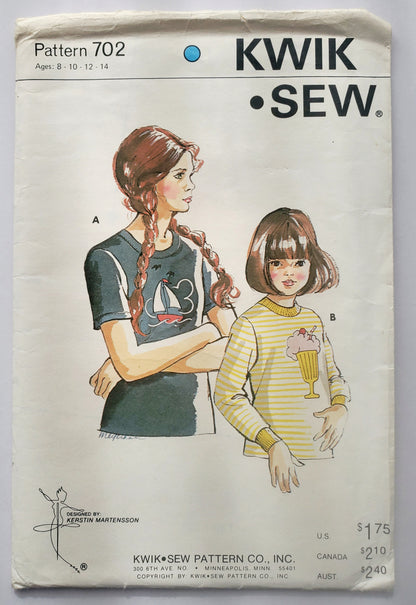KWIK SEW Sewing Pattern 702, Girls, Kids, T-shirt, Top, Set-in-Sleeves, Size 8-14