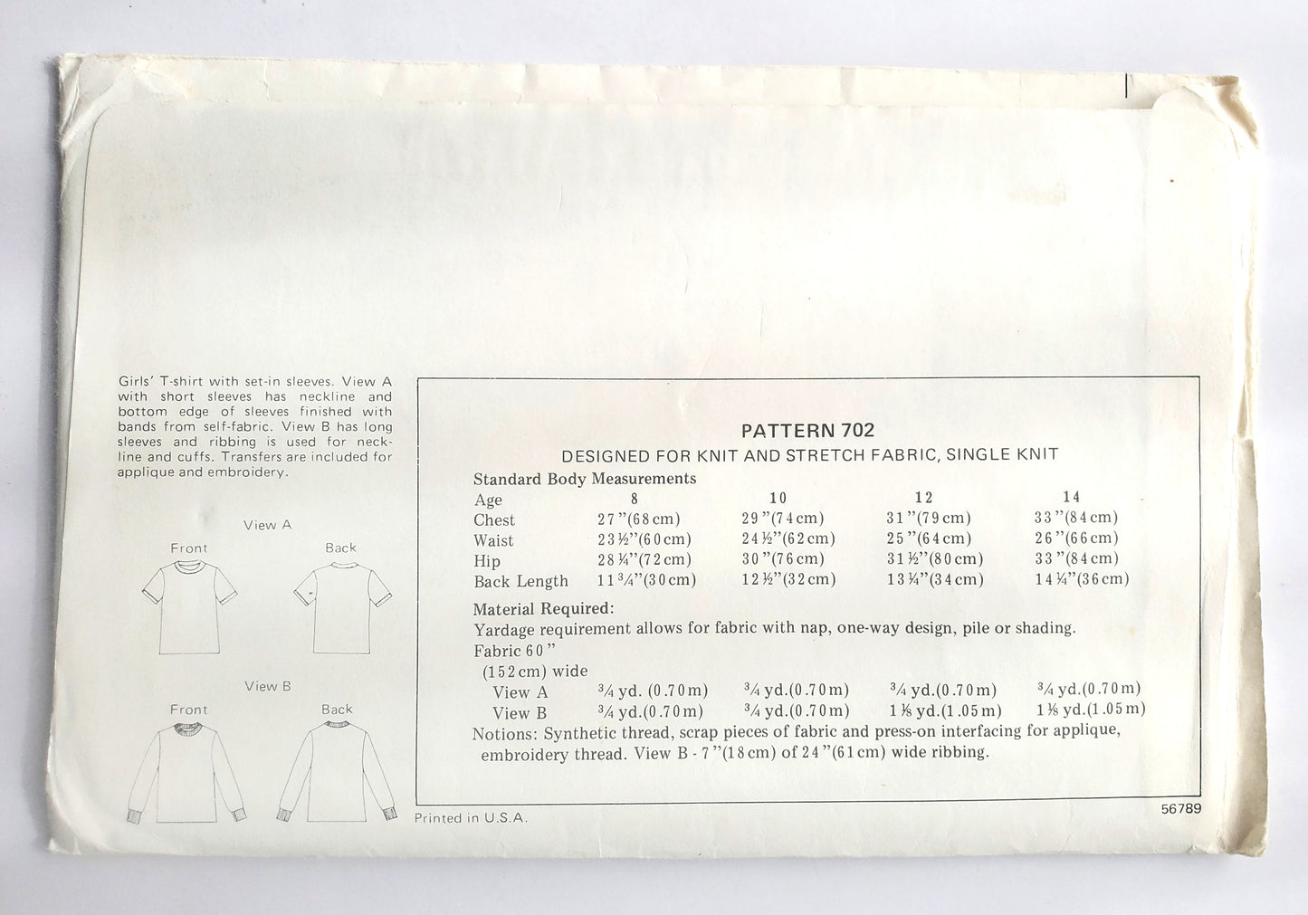 KWIK SEW Sewing Pattern 702, Girls, Kids, T-shirt, Top, Set-in-Sleeves, Size 8-14