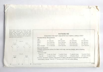 KWIK SEW Sewing Pattern 702, Girls, Kids, T-shirt, Top, Set-in-Sleeves, Size 8-14