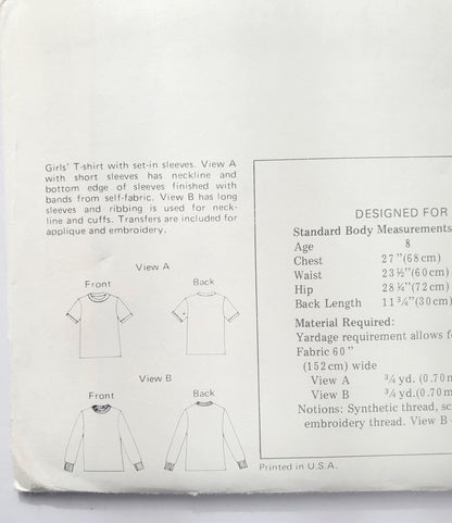 KWIK SEW Sewing Pattern 702, Girls, Kids, T-shirt, Top, Set-in-Sleeves, Size 8-14