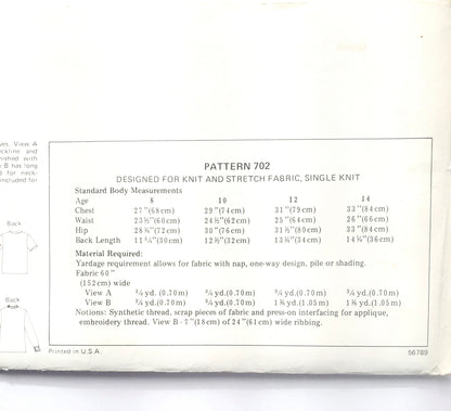 KWIK SEW Sewing Pattern 702, Girls, Kids, T-shirt, Top, Set-in-Sleeves, Size 8-14