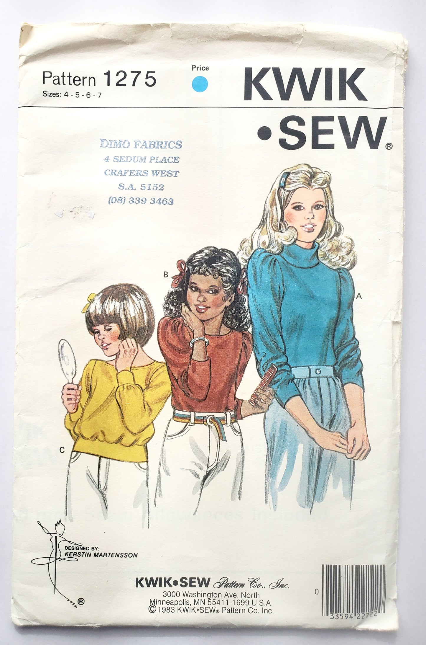 KWIK SEW Sewing Pattern 1275, Kids, Girls, Top, Pullover Top, Boat Neckline, Size 4-7