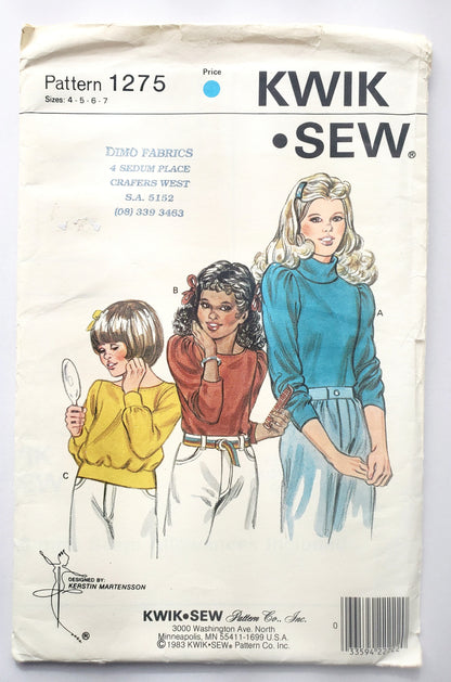 KWIK SEW Sewing Pattern 1275, Kids, Girls, Top, Pullover Top, Boat Neckline, Size 4-7