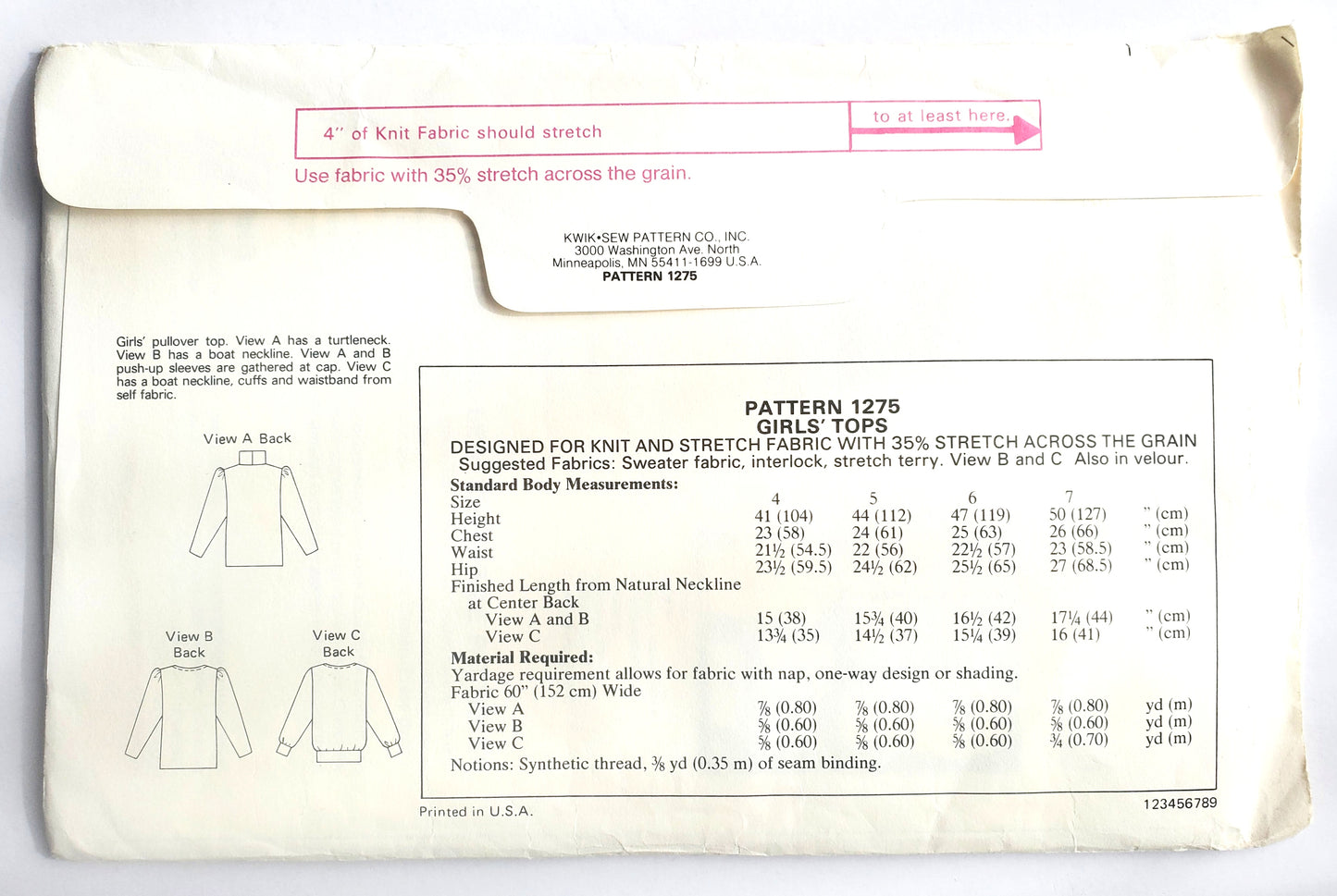 KWIK SEW Sewing Pattern 1275, Kids, Girls, Top, Pullover Top, Boat Neckline, Size 4-7