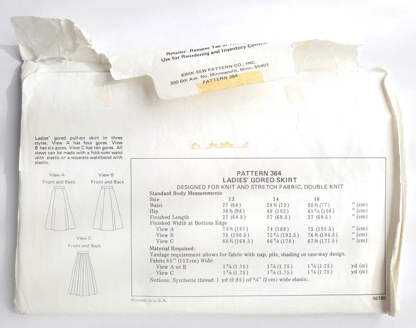 KWIK SEW Sewing Pattern 364, Skirts, Gored, Pull-On, Fold-Over Waist, Elastic Waistband, Size 12-16