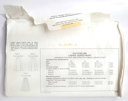KWIK SEW Sewing Pattern 364, Skirts, Gored, Pull-On, Fold-Over Waist, Elastic Waistband, Size 12-16